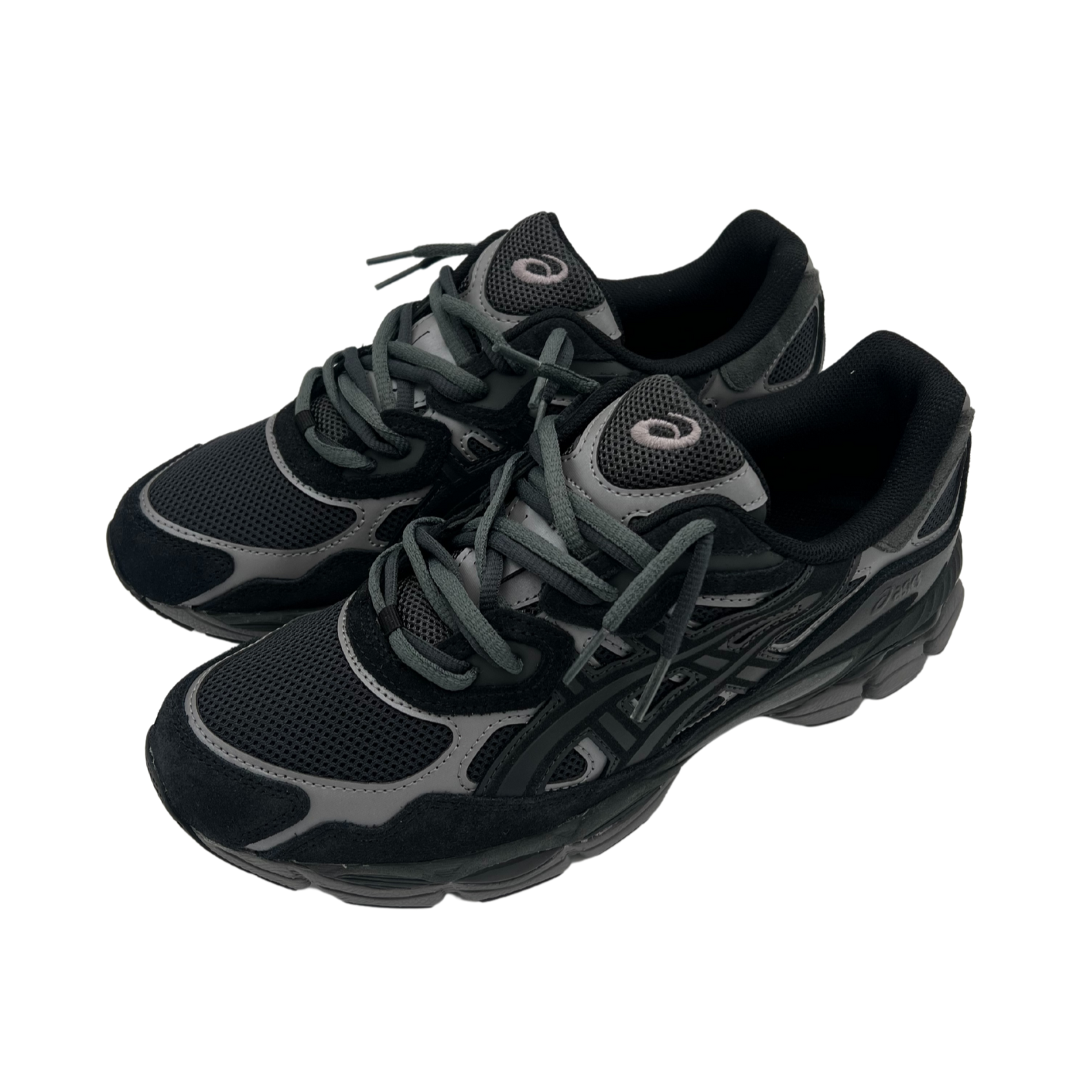 Asics gel nyc black grey double laced.